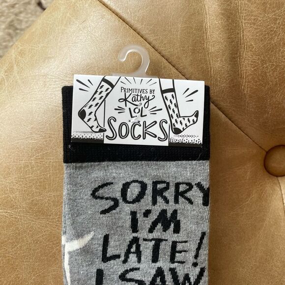 Primitives by Kathy LOL socks “ sorry I’m late I saw a dog” grey black socks - Picture 3 of 6